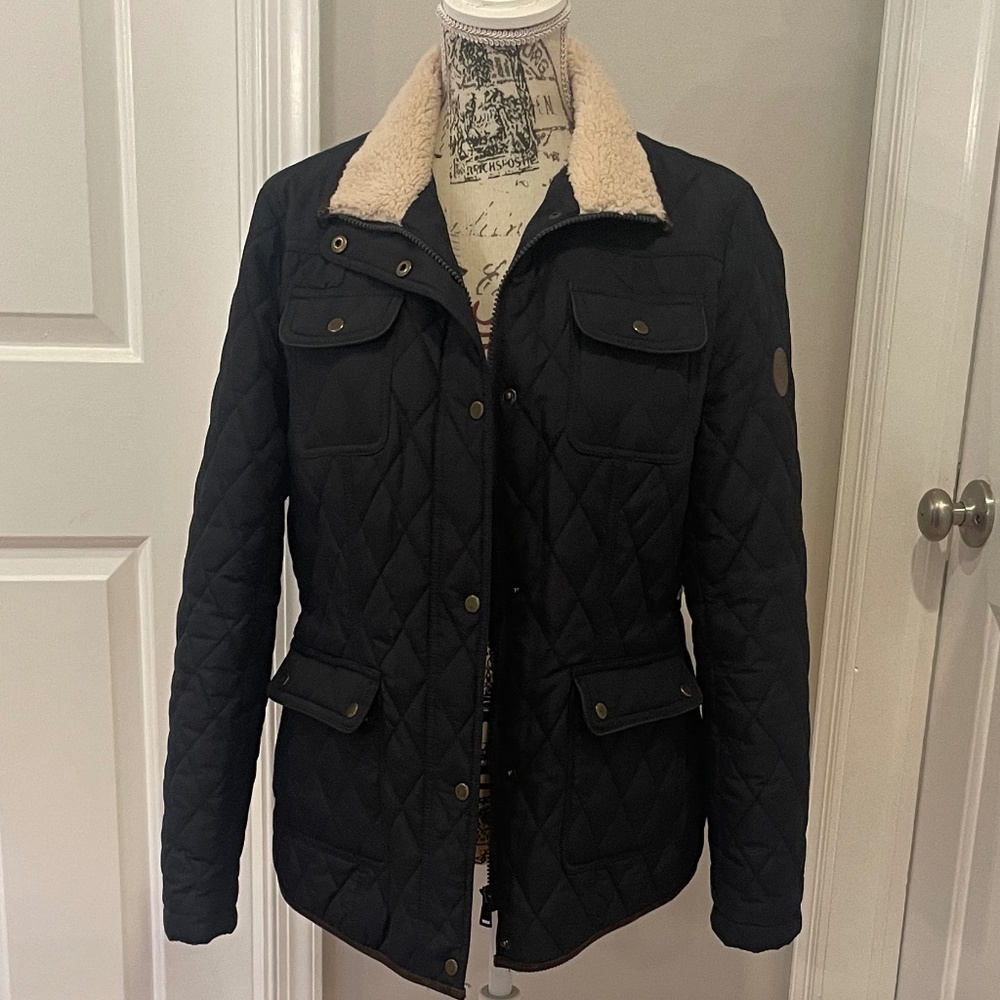 Ralph Lauren Navy Quilted Jacket with Cream Sherpa Collar - Large